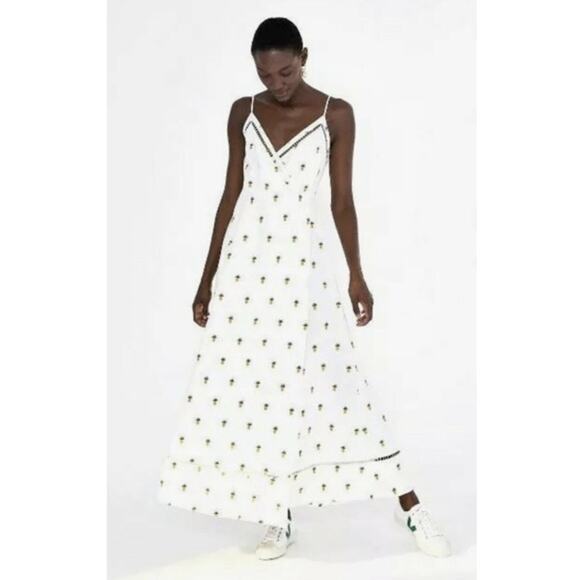 Farm Rio White Linen Embroidered Pineapple Maxi Wrap Dress Medium - Picture 1 of 8